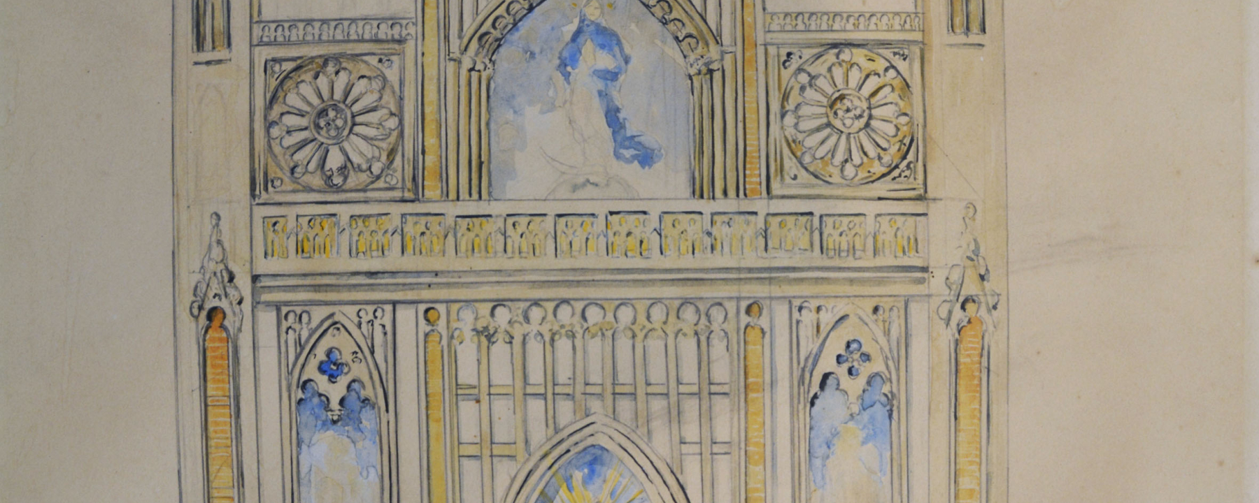 Skizze Fassadengestaltung Kirche Nossadonna, 1989: (49,8 × 39,6 cm, Tusche, Bleistift, Aquarell und Tinte auf Karton, Gemeinde Surses).