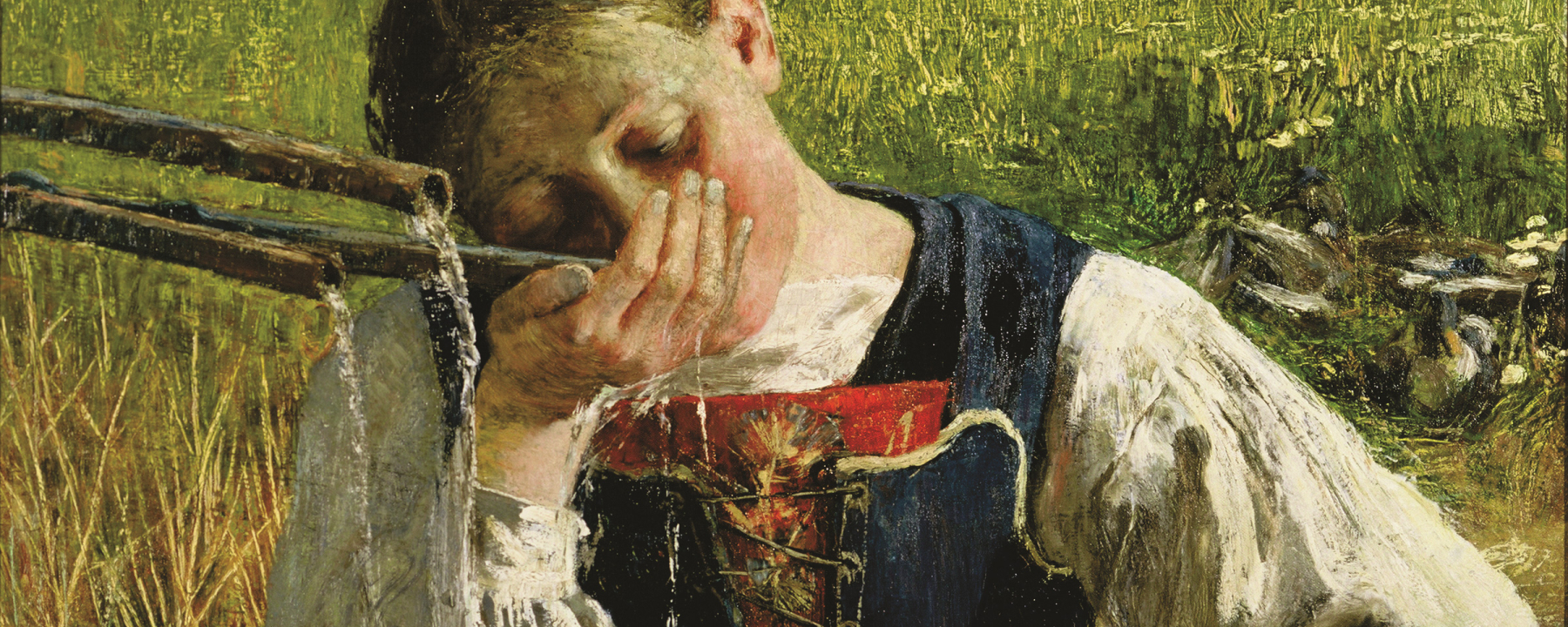 Costume grigionese – Bündnerin am Brunnen, 1887: (54 × 79 cm, Öl auf Leinwand, Segantini Museum St. Moritz, Depositum der Otto Fischbacher Giovanni Segantini Stiftung).