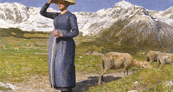 Mezzogiorno sulle Alpi – Mittag in den Alpen, 1891: (77,5 × 71,5 cm, Öl auf Leinwand, Segantini Museum St.Moritz, Depositum der Otto Fischbacher Giovanni Segantini Stiftung).