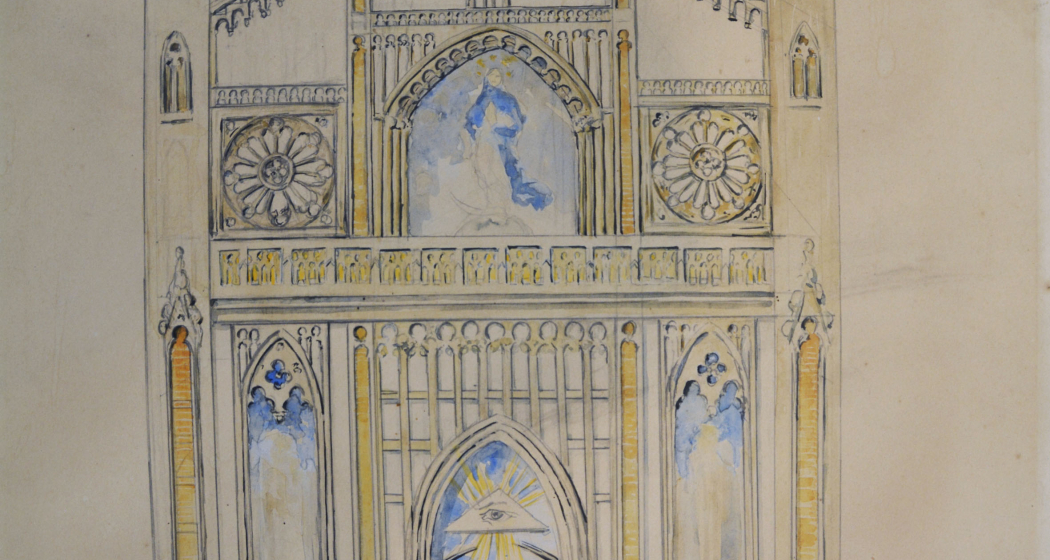 Skizze Fassadengestaltung Kirche Nossadonna, 1989: (49,8 × 39,6 cm, Tusche, Bleistift, Aquarell und Tinte auf Karton, Gemeinde Surses). Skizze Fassadengestaltung Kirche Nossadonna, 1989: (49,8 × 39,6 cm, Tusche, Bleistift, Aquarell und Tinte auf Karton, Gemeinde Surses).