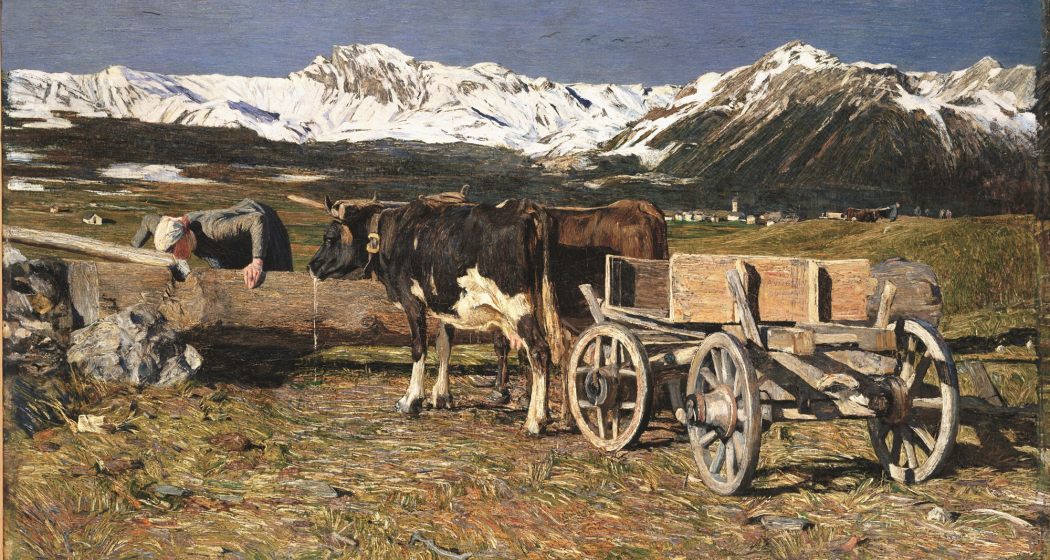 Vacche aggiogate – Kühe an der Tränke, 1888: (83 × 139,5 cm, Öl auf Leinwand, Kunstmuseum Basel, Depositum der Gottfried Keller-Stiftung). Vacche aggiogate – Kühe an der Tränke, 1888: (83 × 139,5 cm, Öl auf Leinwand, Kunstmuseum Basel, Depositum der Gottfried Keller-Stiftung).