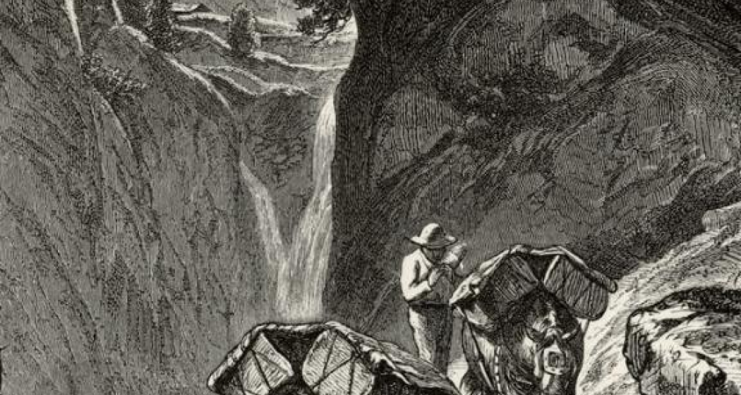 Beladene Saumpferde in einer Bergschlucht. Beladene Saumpferde in einer Bergschlucht.
