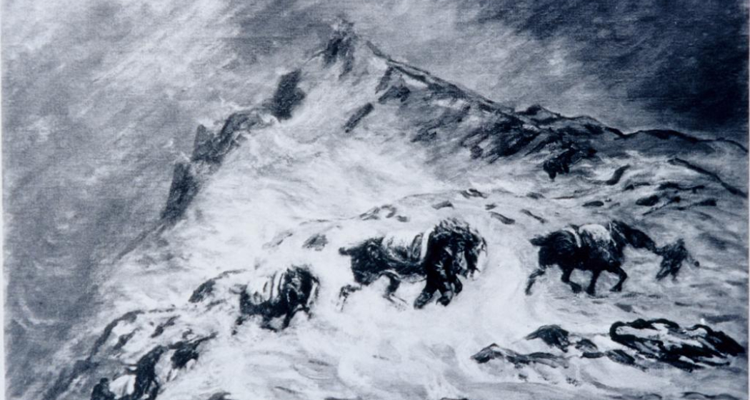 Ein Saumzug kämpft sich durch den Schnee. Ein Saumzug kämpft sich durch den Schnee.