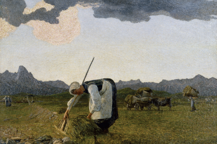 La raccolta del fieno – Die Heuernte, 1888/89 /1898: (137 X 149 cm, Öl auf Leinwand, Segantini Museum St.Moritz, Depositum der Gemeinde St.Moritz). La raccolta del fieno – Die Heuernte, 1888/89 /1898: (137 X 149 cm, Öl auf Leinwand, Segantini Museum St.Moritz, Depositum der Gemeinde St.Moritz).