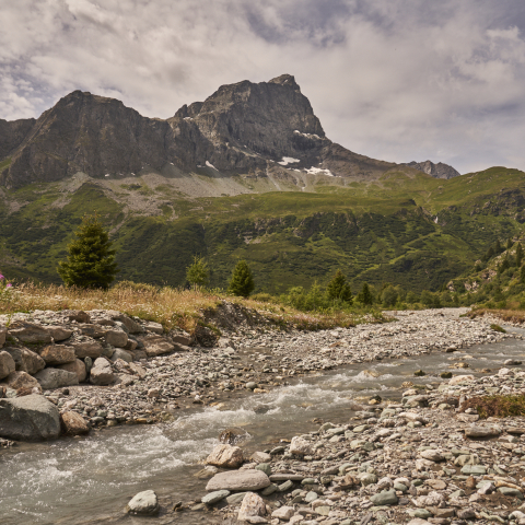 Landschaft im Val Surses mit Fluss und Bergen im Hintergrund ""